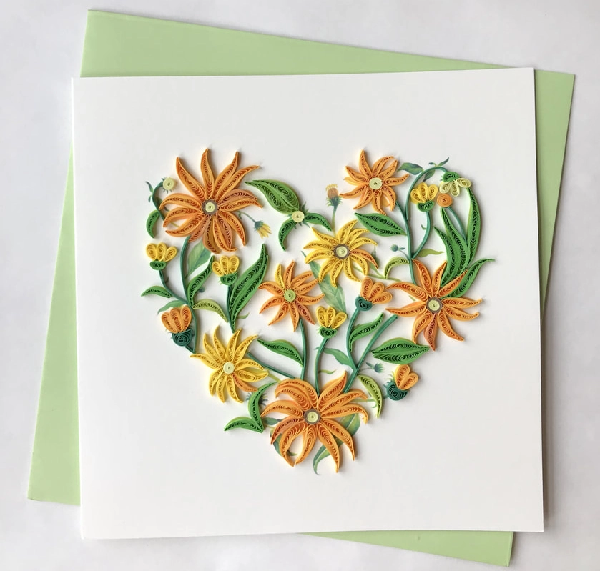Orange Floral Heart Quilling Blank Art Card