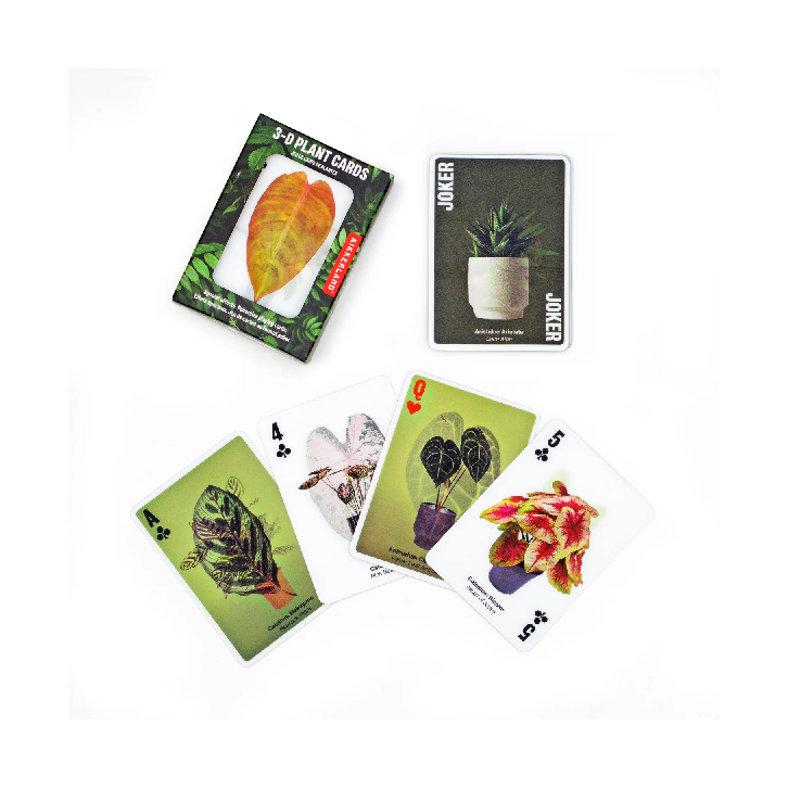 playing card package and 5 cards onto a white background. package has a picture of green leaves and plants. it also has a window revealing an orange leaf on a card. playing cards shown each have their own potted plant image. kikkerland product. 
