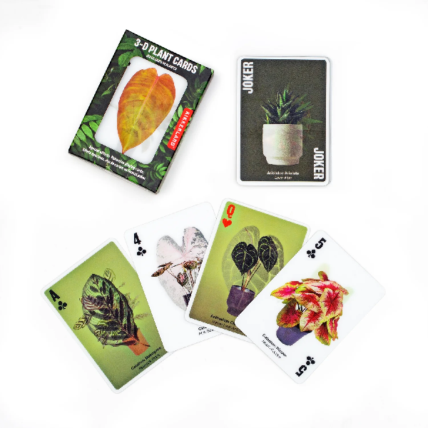 playing card package and 5 cards onto a white background. package has a picture of green leaves and plants. it also has a window revealing an orange leaf on a card. playing cards shown each have their own potted plant image. kikkerland product. 