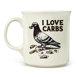 White mug with a pigeon illustration and 'I Love Carbs' text on a white background