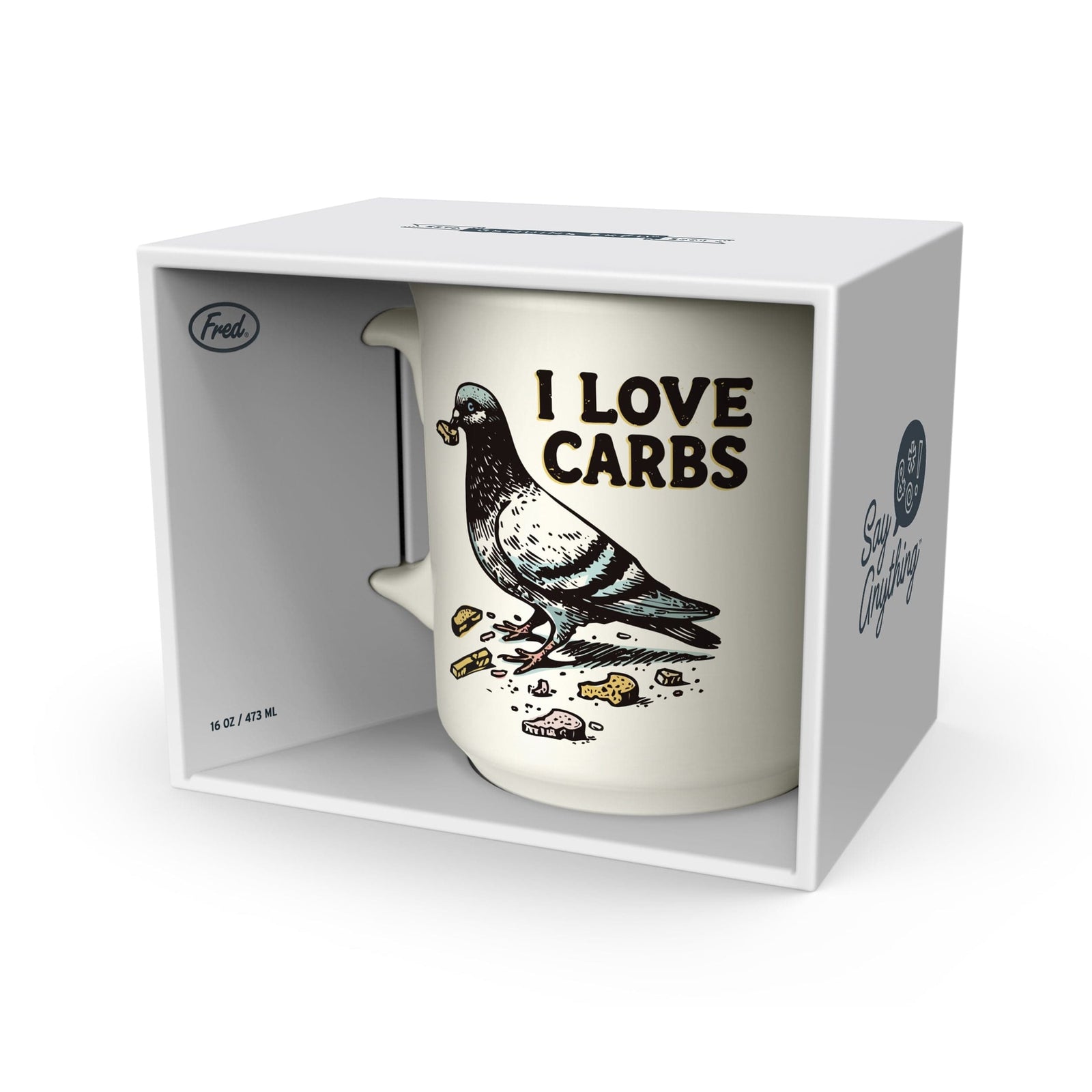 Mug with 'I Love Carbs' text and pigeon illustration in a white box packaging.
