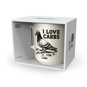 Mug with 'I Love Carbs' text and pigeon illustration in a white box packaging.