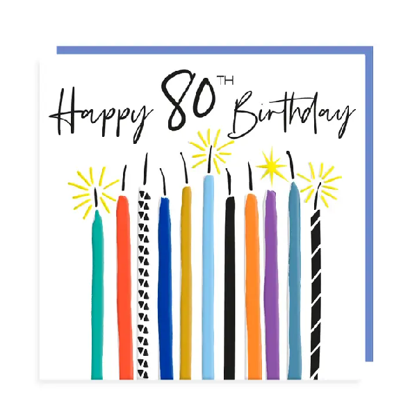 Birthday card with "Happy 80th Birthday" in cursive on top of colourful candles