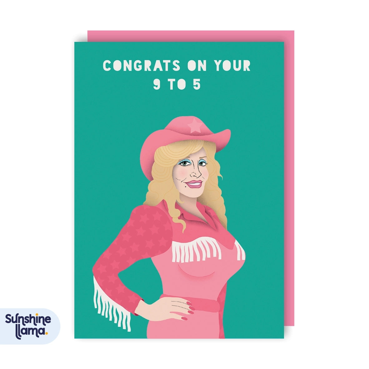Greeting card featuring an illustration of the music artist Dolly Parton with the text 'Congrats on your 9 to 5' on a green background. 