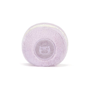 Back view of a Jellycat purple macaron shaped plush with embroidered branding on a white background. 