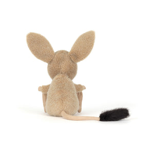 Back view of a Jellycat brown jerboa shaped plush on a white background.
