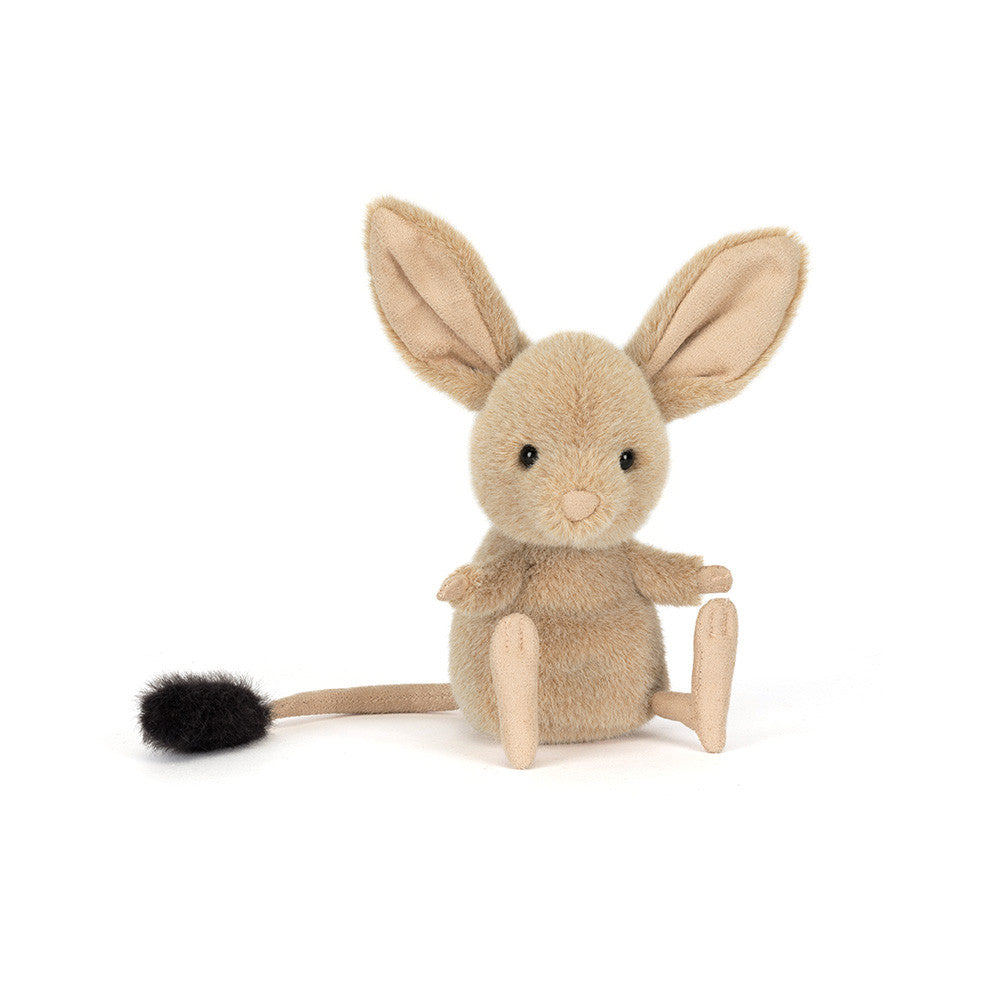 Jellycat brown jerboa shaped plush on a white background. 
