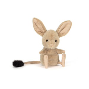 Jellycat brown jerboa shaped plush on a white background. 