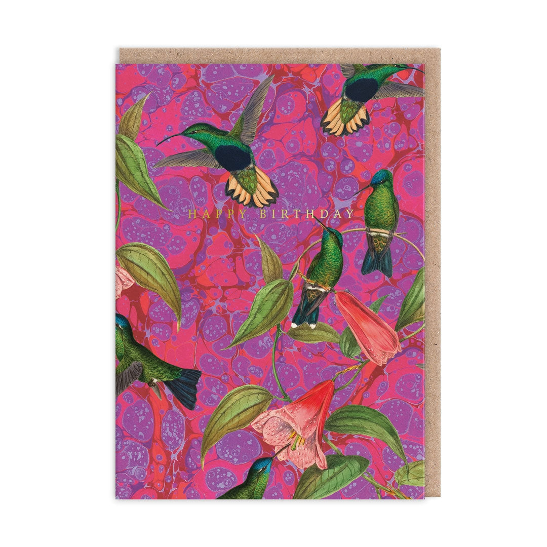 Greeting card with artwork of colourful birds and a floral design on a pink and purple patterned background, along with the text "Happy Birthday".