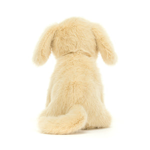 Back view of a Jellycat golden coloured puppy plush with a tail on a white background. 