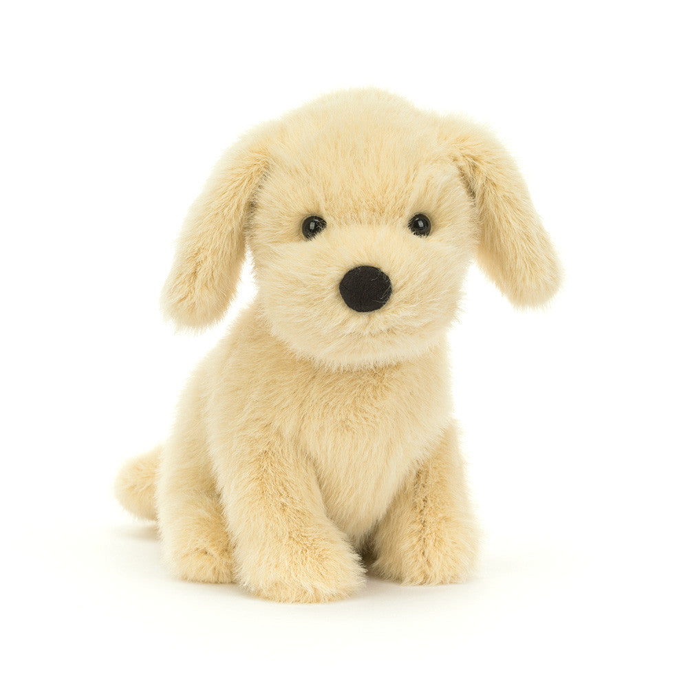 Jellycat golden coloured puppy plush with a black nose on a white background. 