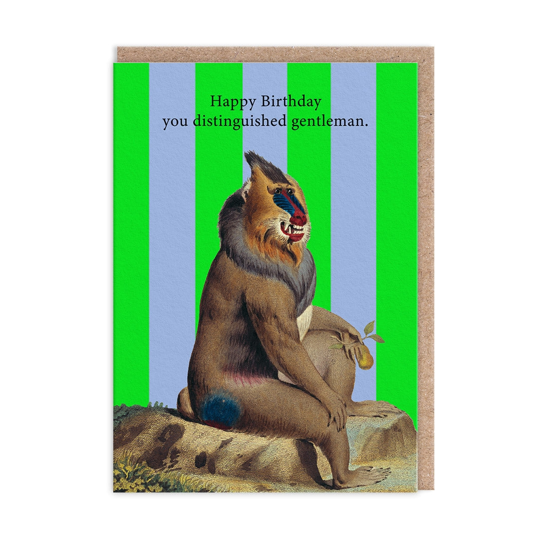 Birthday card with a baboon illustration and the text "Happy Birthday you distinguished gentleman" on a green and blue striped background.
