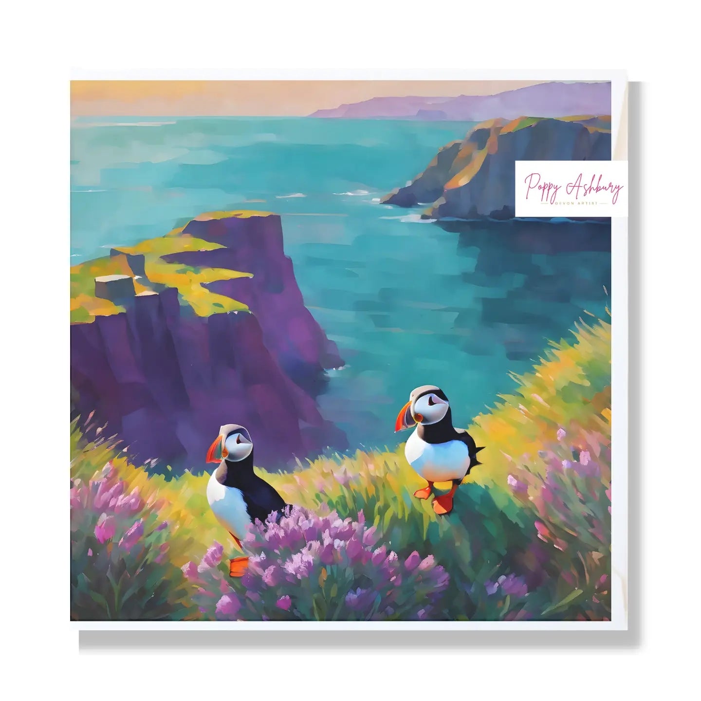 Puffins On The Headland Blank Art Card