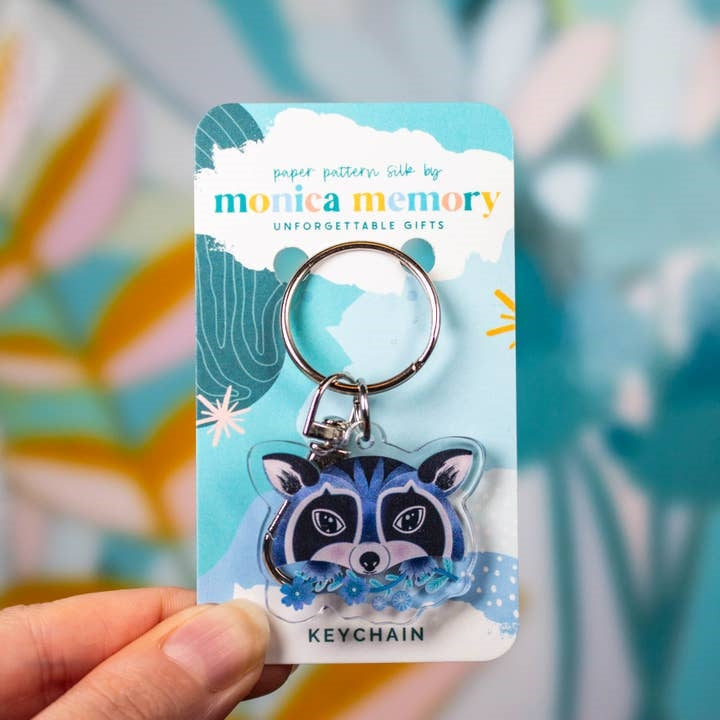 Paper Pattern Silk Acrylic Keychain | Raccoon With Flowers