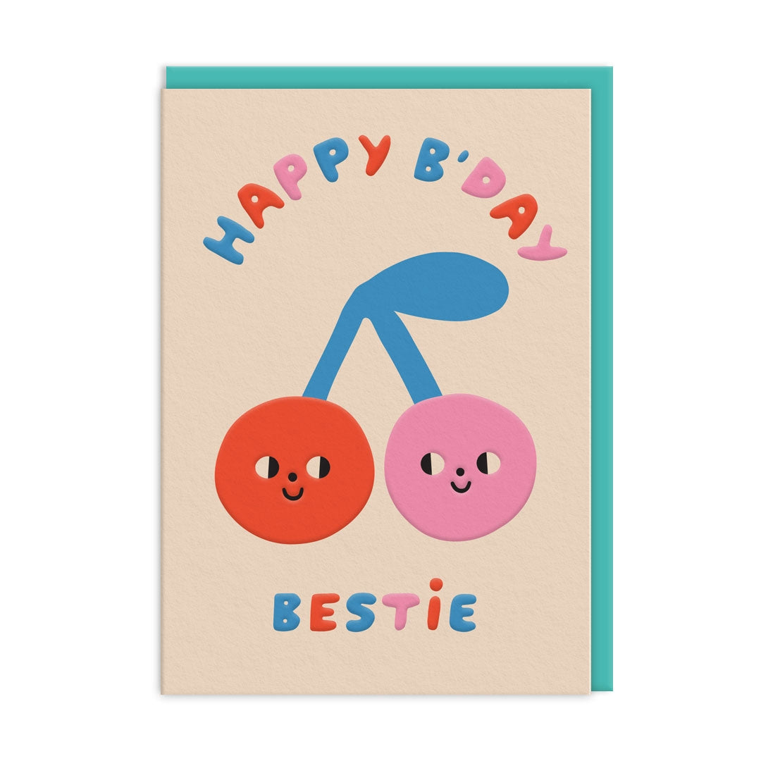 Birthday card with two red and pink smiling cherries and 'Happy B'day Bestie' text on a beige background.