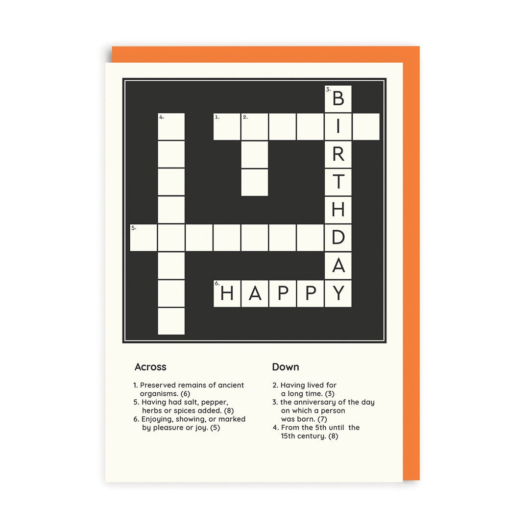 Crossword puzzle birthday card with 'Happy Birthday' on a white background.