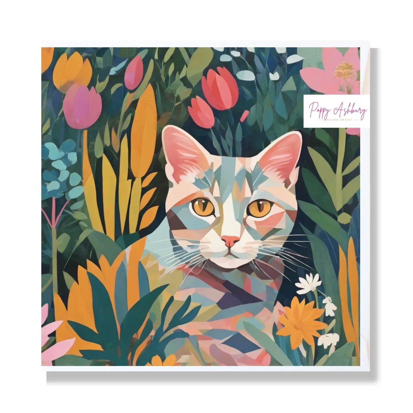 Tabby In The Tulips Blank Art Card