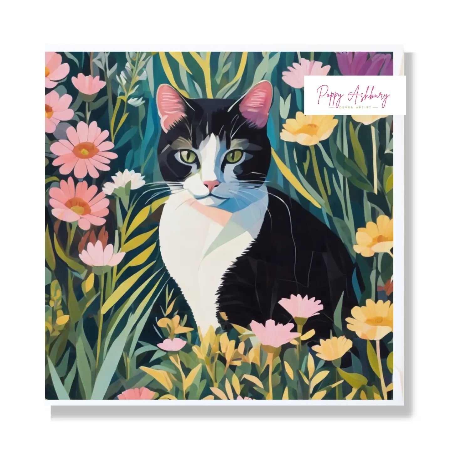 Tuxedo Cat In Bloom Blank Art Card