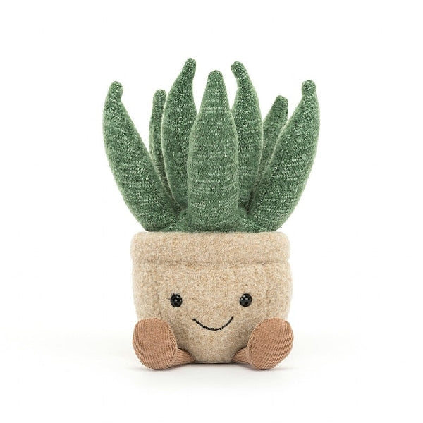 adorably soft plushie of a smiling aloe vera with feet by popular brand Jellycat.
