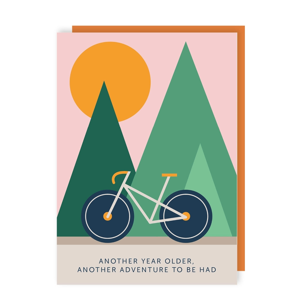 Greeting card featuring an illustration of a bicycle, trees, and sun with the text 'Another year older, another adventure to be had' on a pink background.