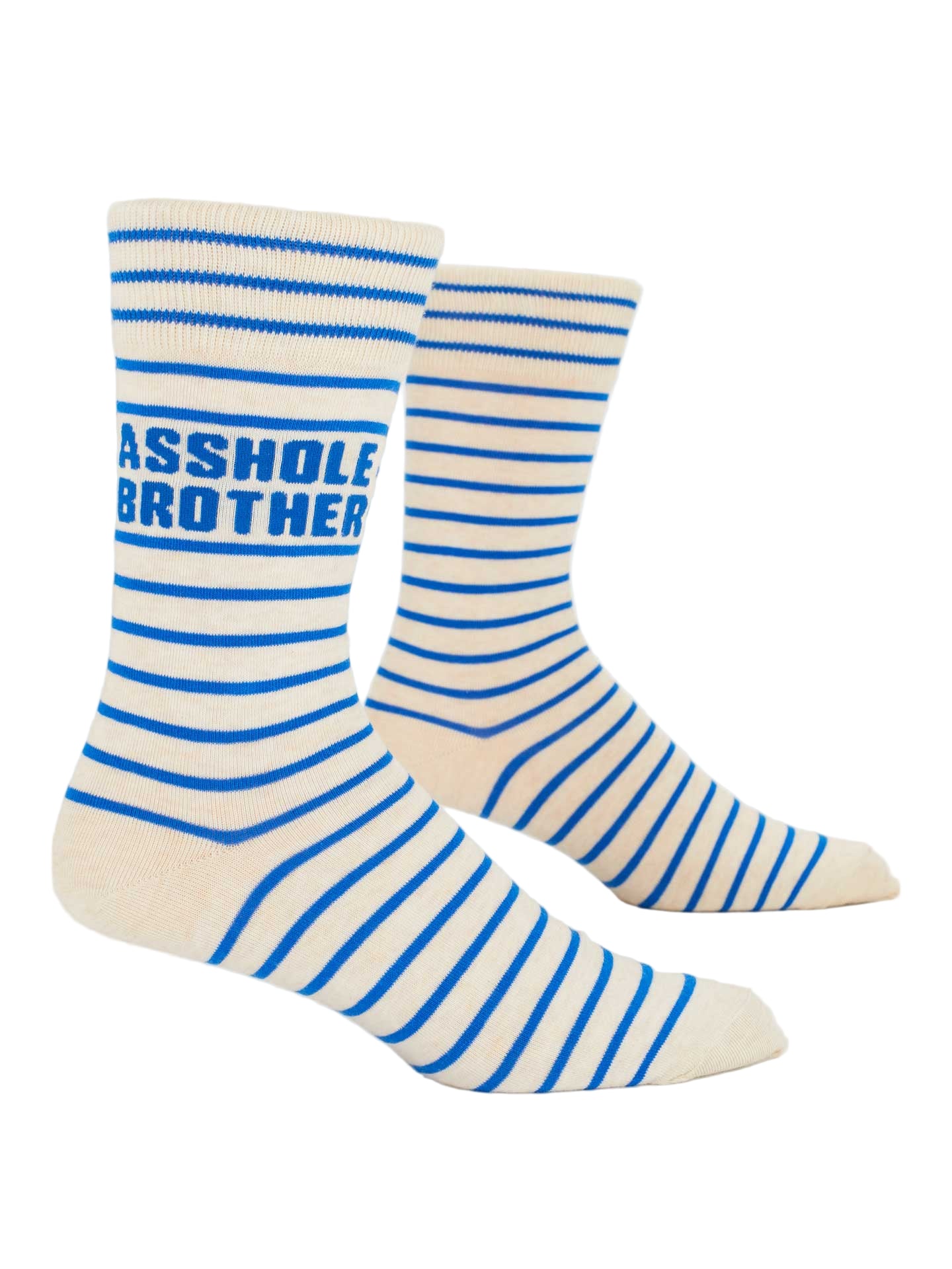 Pair of striped blue and cream coloured socks with 'Asshole Brother' text on a white background