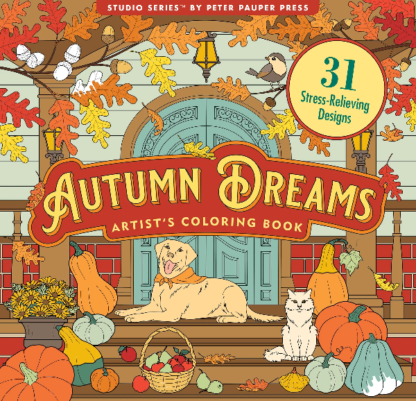 colouring bookby peter pauper press. scene depicted is the front steps of a house with a dog, a cat, pumpkins, and more. middle text reads "autumn dreams artist's coloring book"