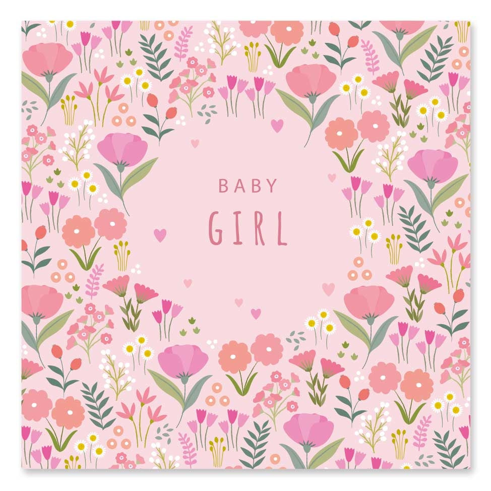 Greeting card featuring a pink floral design surrounding the text 'Baby Girl' on a light pink background. 