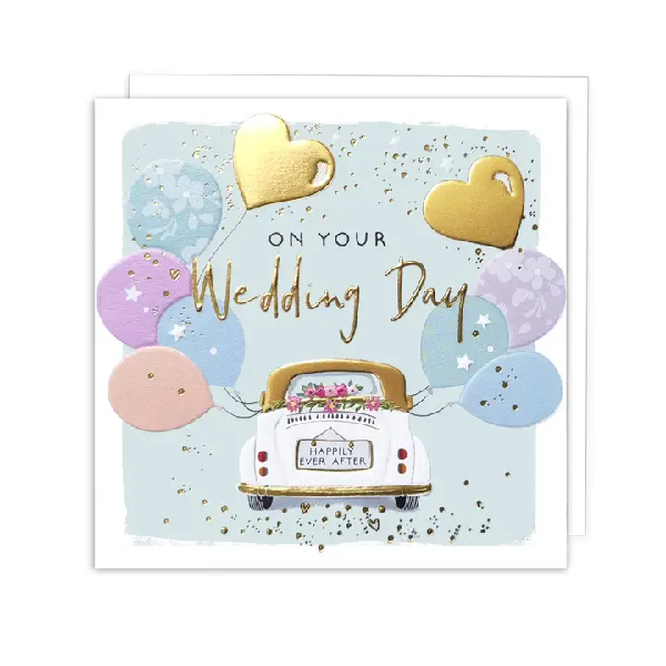 Wedding Card with gold balloons coming out of a car. The text in the middle reads "On Your Wedding Day"