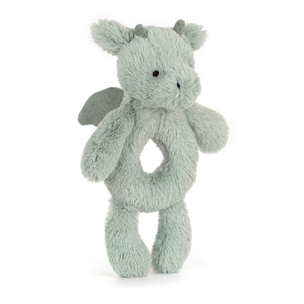 adorably soft rattle plush of a light turquoise dragon by popular brand Jellycat.