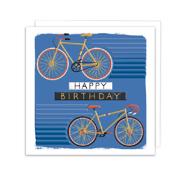 Birthday Card. "Happy Birthday" highlighted in black and white at the centre. Two bicycles rush in opposite directions on a blue background.