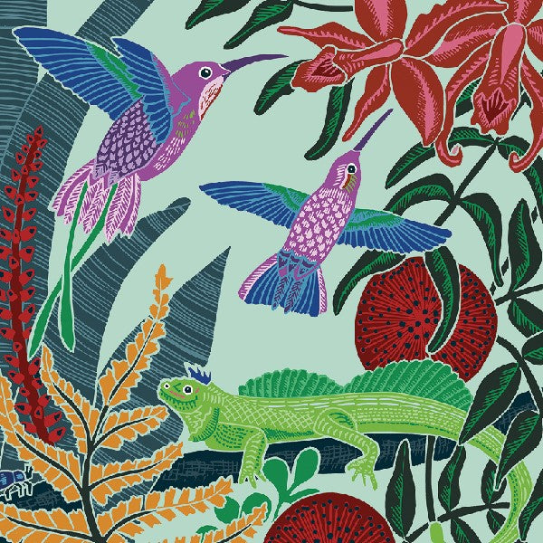colourful blank card. purple humming birds fly in a tropical flower space. a green lizard watches them from a branch