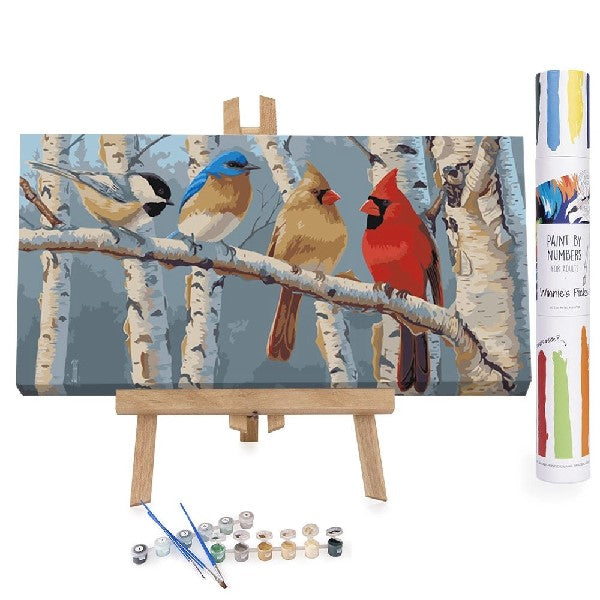Birds Line Up On Birch Tree DIY Paint By Numbers Kit