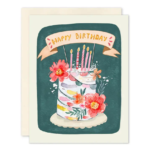 Birthday card. Pastel cake with candles and flowers on a dark teal background, under a  white banner with text "Happy Birthday". 
