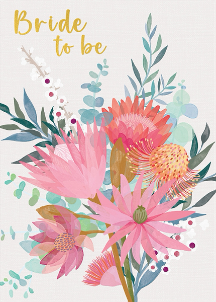 White engagement card. Pink and teal bouquet in the middle of the card with text "bride to be" above.