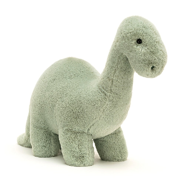 adorably soft plushie of a small green brontosaurus by popular brand Jellycat.