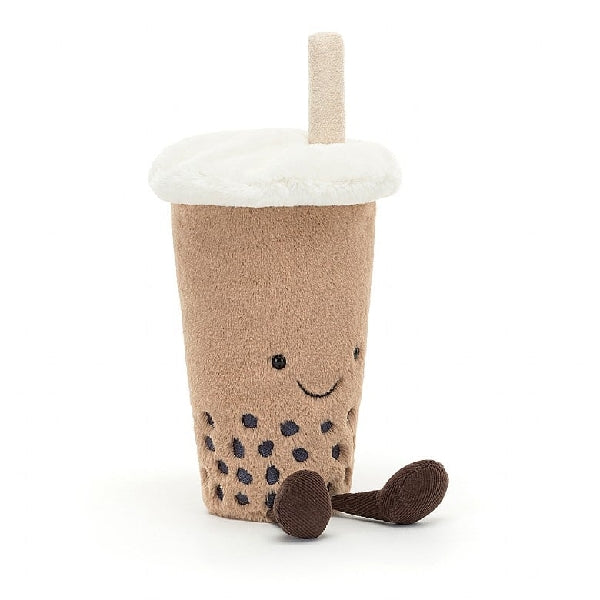 adorably soft plushie of a smiling classic milk bubble tea with feet by popular brand Jellycat.
