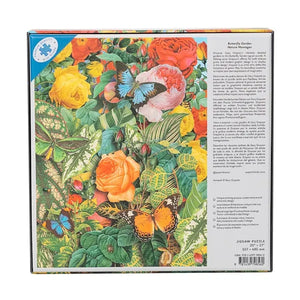 Back view of a jigsaw puzzle box with a floral and butterfly design on a white background.