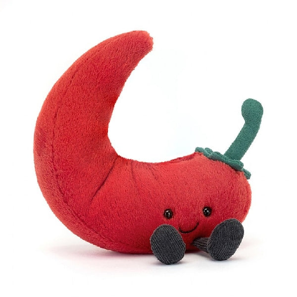 adorably soft plushie of a smiling chili pepper by popular brand Jellycat.