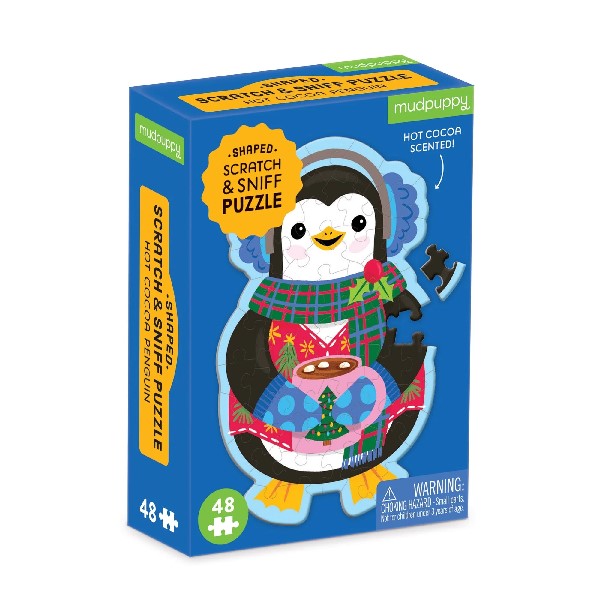blue puzzle box picturing a festive penguin