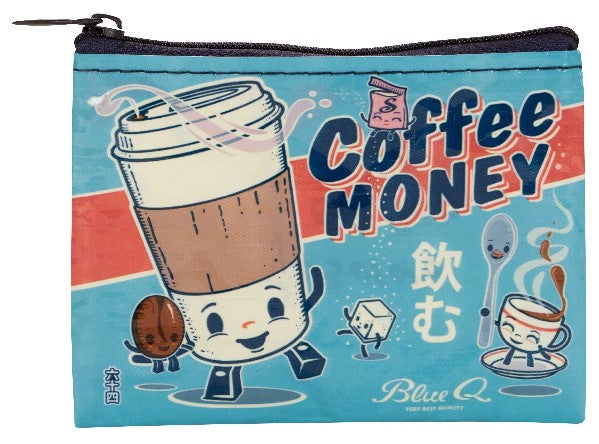 Blue coin purse with imagery of smiley coffee cups and the text 'Coffee Money'.