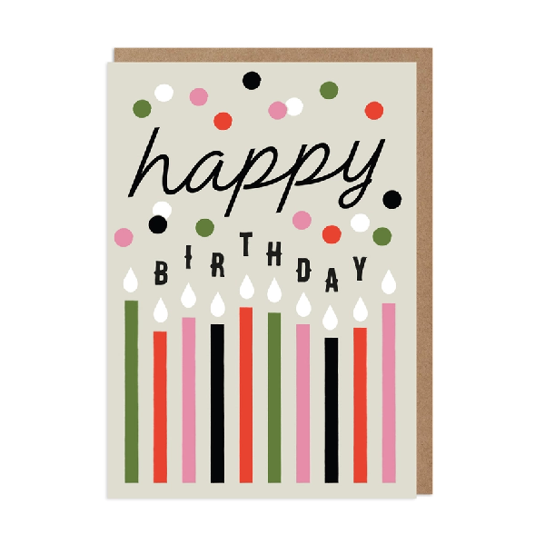 Gray birthday card. Colorful candles sit under the text "happy birthday" with confetti in the background. 