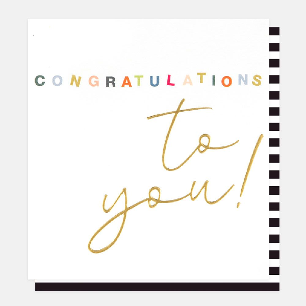 White congratulations card. Text "congratulations to you!" with "congratulations" written in different colored letters and "to you!" written in gold cursive. 