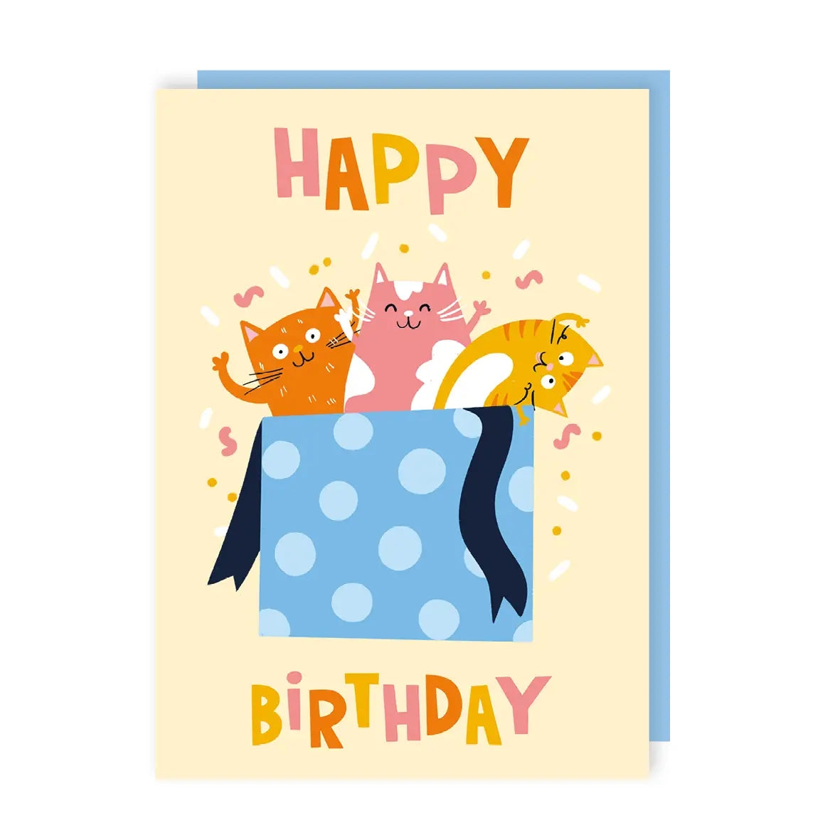 Greeting card featuring an illustration of a gift box containing 3 smiling cats with their paws in the air with the text 'Happy Birthday' on a yellow background. 