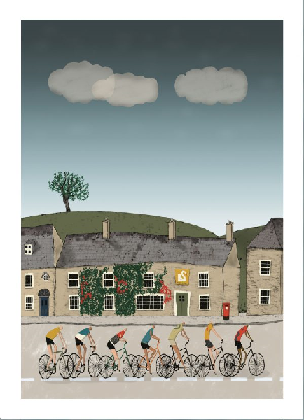 Blank art card. Cyclists are cycling on a village street, with the houses and fields in the background.