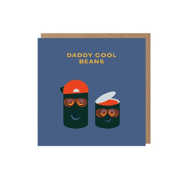 Blue birthday card. Two "cool" cans with sunglasses and hats sit under text "daddy cool beans". 