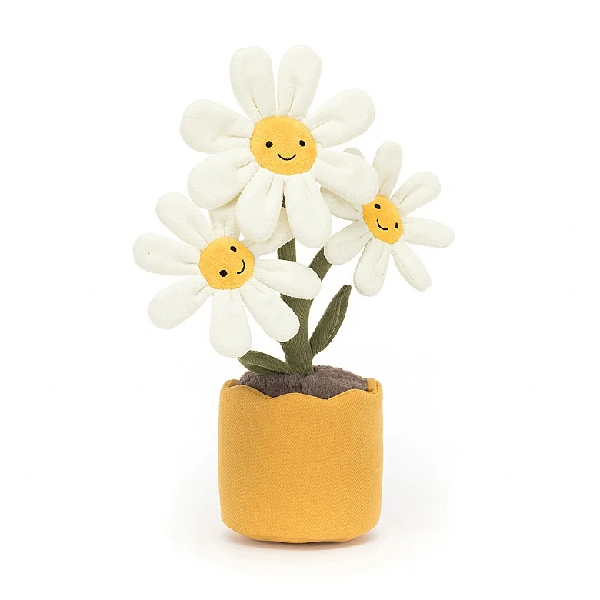 adorably soft plushie of a yellow pot with three smiling daisies by popular brand Jellycat.