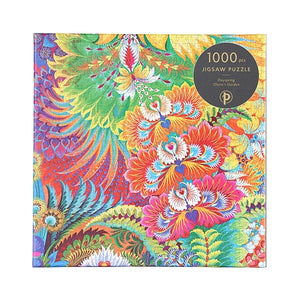 Colorful puzzle box with an abstract floral design and '1000 piece puzzle' label.