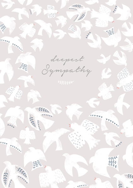 Grey sympathy card. Cursive text "deepest sympathy" in the middle is circled by many small white birds.