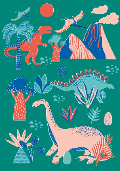 green blank card with dinosaurs, plants, and volcanoes