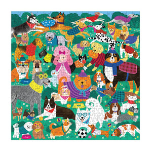 Finished puzzle with colorful illustrations of dogs in various outfits on a green outdoor background.